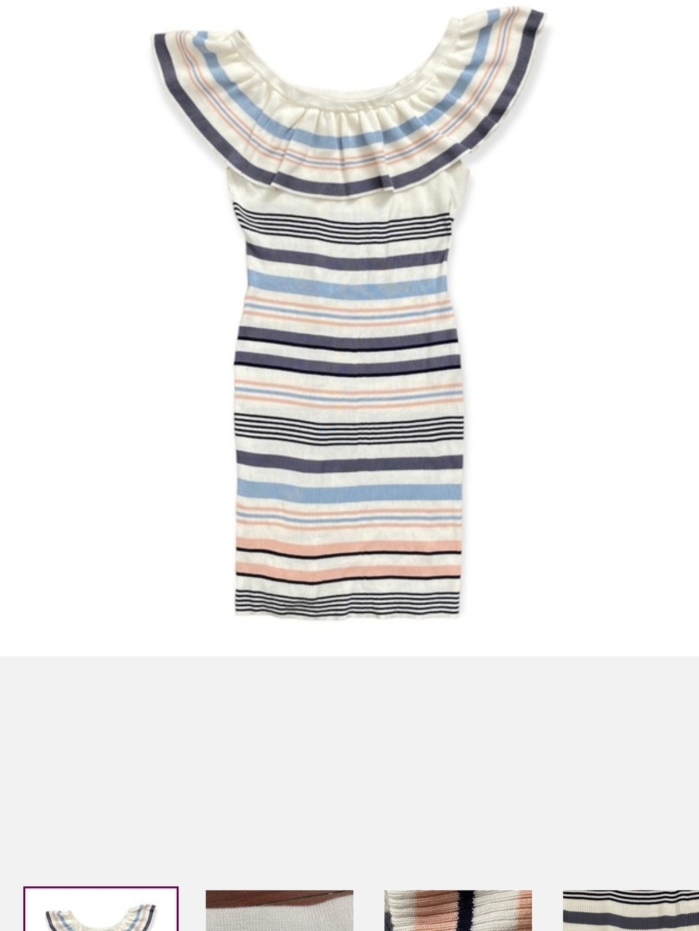 NWT Almost Famous One-Shoulder Striped Ruffle Dress in Cream, Blue and Pink